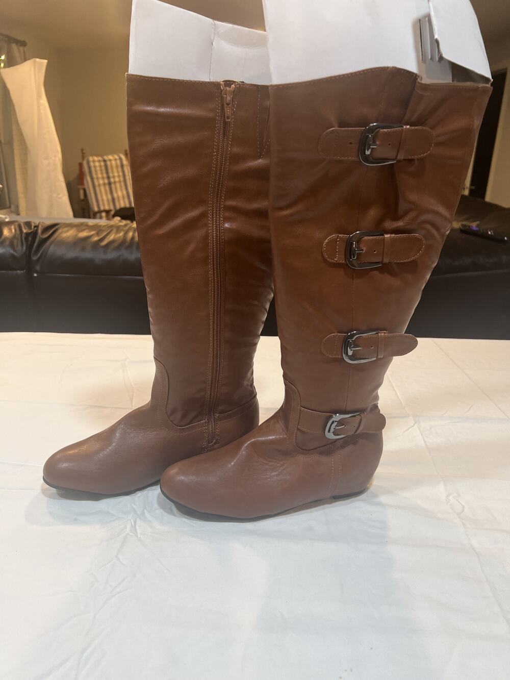 Comfortview Women's 7.5M Cognac Brown Faux Leather Buckle Tall Riding Boots